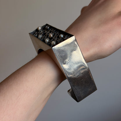 Estate Rachel Gera Sterling Silver Brutalist Handmade Cuff Bracelet with Natural Pearls