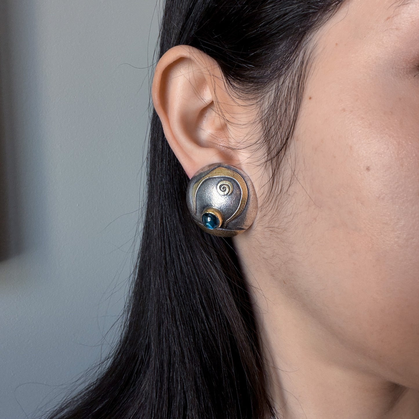 Estate Sterling Silver and 22K Gold Clip On Earrings with London Blue Topaz