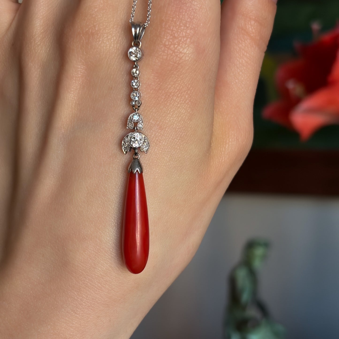 Estate Coral Pendant Edwardian with European Diamonds in Platinum