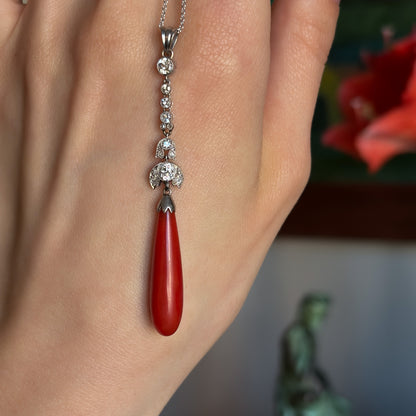 Estate Coral Pendant Edwardian with European Diamonds in Platinum