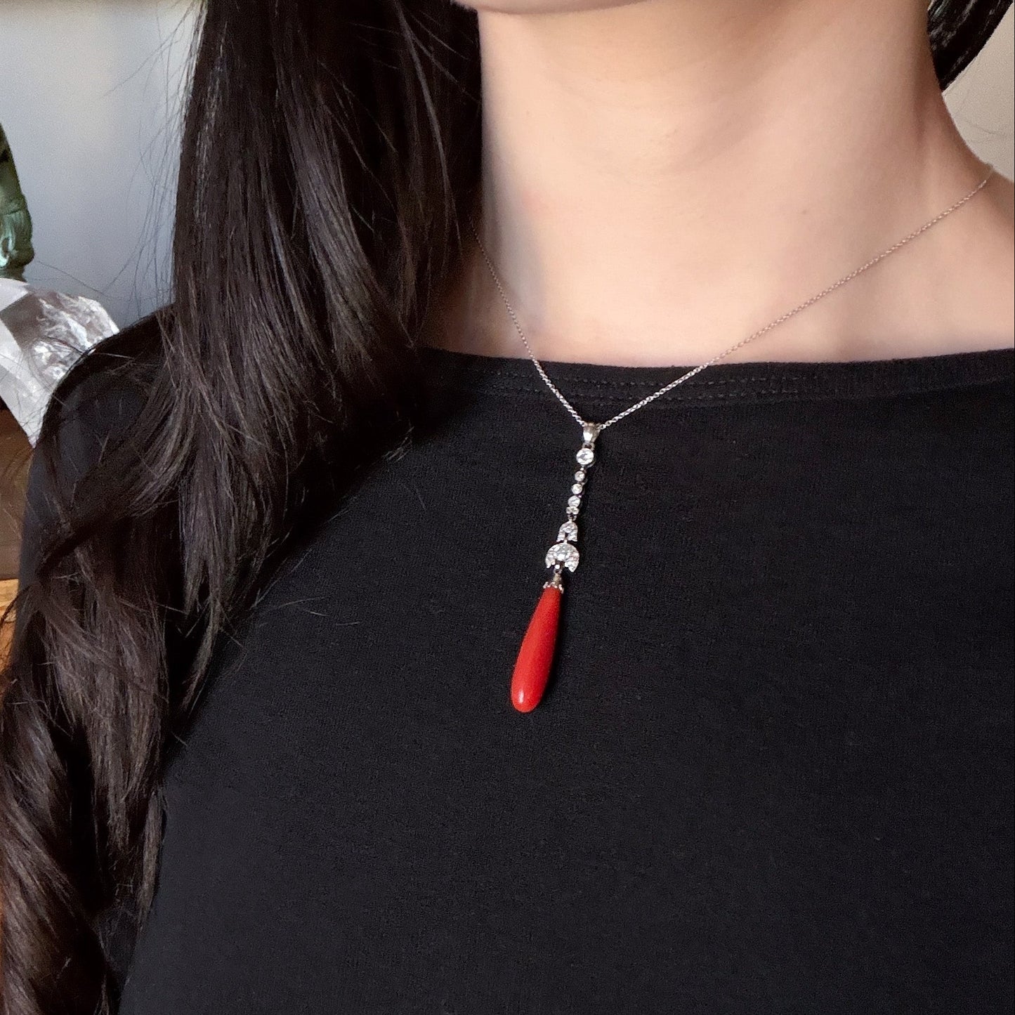 Estate Coral Pendant Edwardian with European Diamonds in Platinum