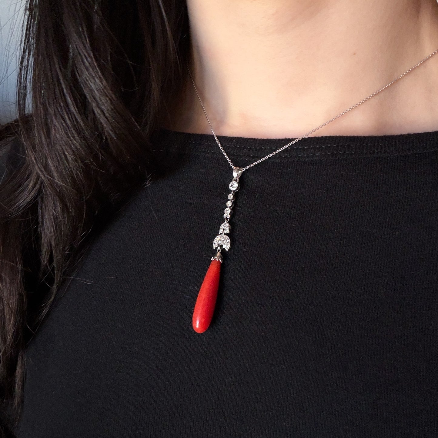 Estate Coral Pendant Edwardian with European Diamonds in Platinum