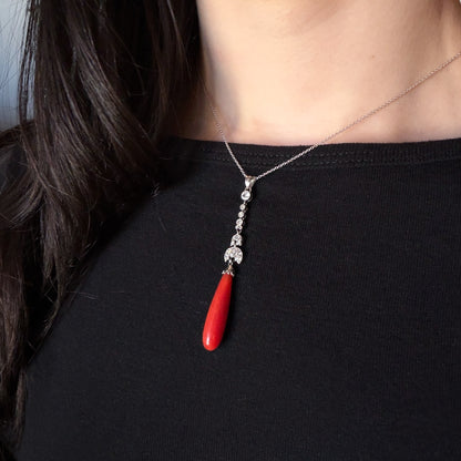 Estate Coral Pendant Edwardian with European Diamonds in Platinum