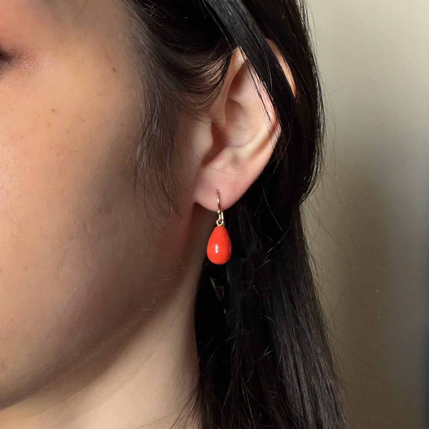 Estate Red Coral Tear Drop Earrings 18kt Gold