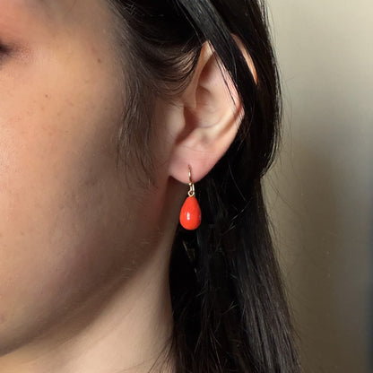 Estate Red Coral Tear Drop Earrings 18kt Gold