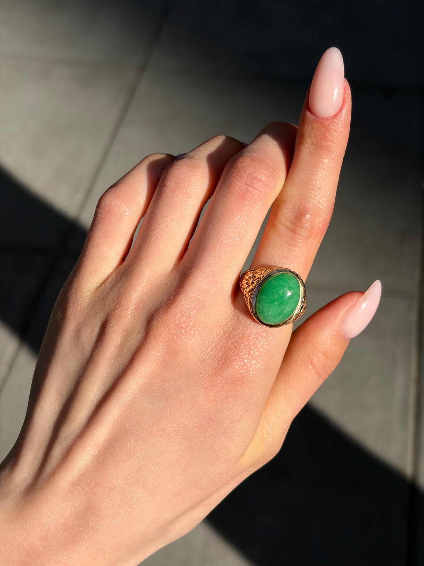 Green Jadite Ring in 14k Yellow Gold