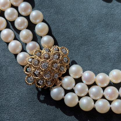 Estate Triple Strand Pearl Necklace with 18kt Gold with 19 Diamond Clasp
