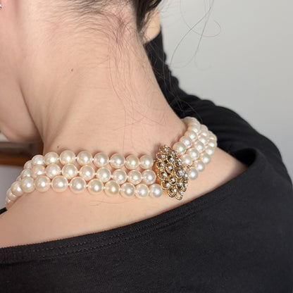 Estate Triple Strand Pearl Necklace with 18kt Gold with 19 Diamond Clasp