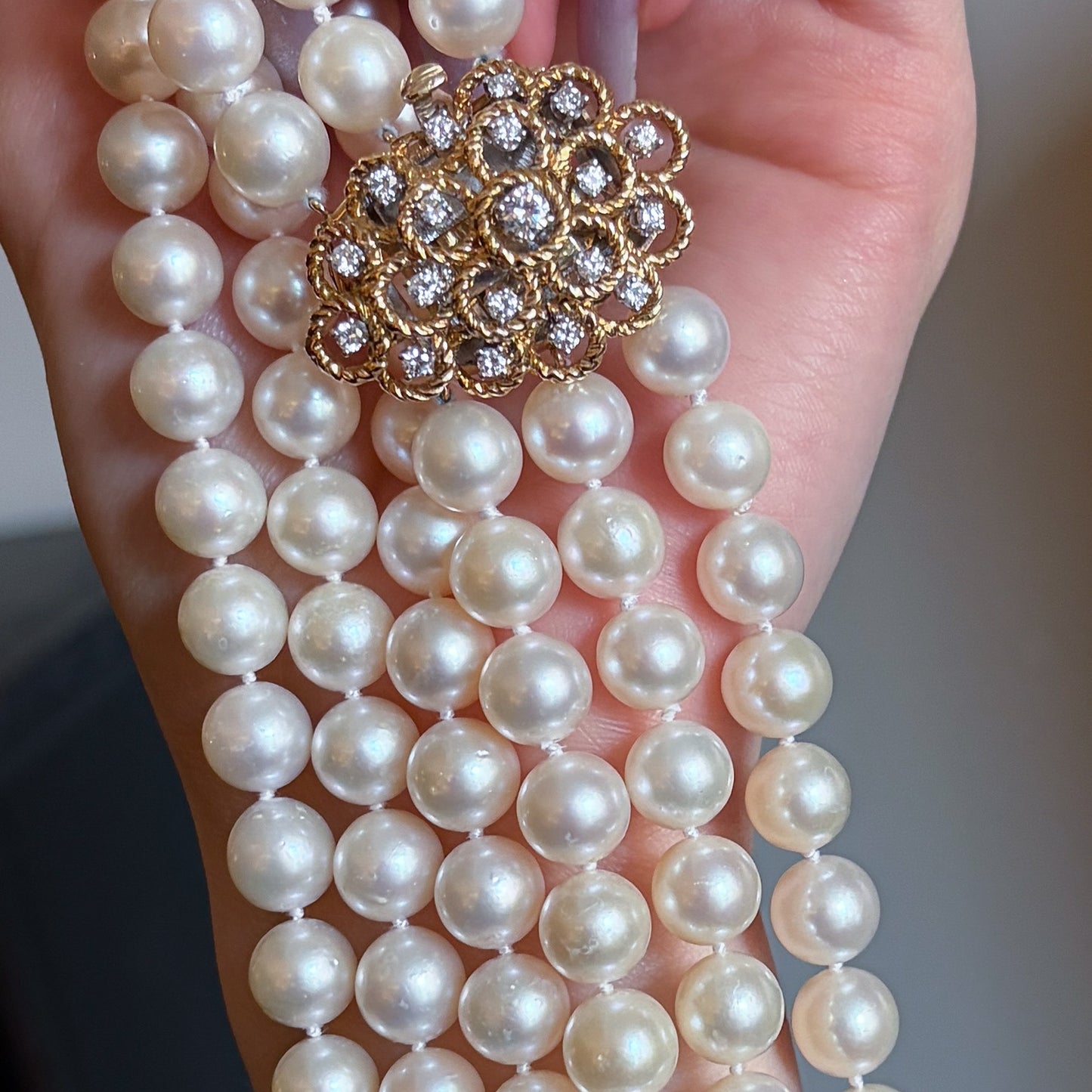 Estate Triple Strand Pearl Necklace with 18kt Gold with 19 Diamond Clasp