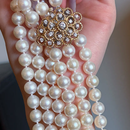 Estate Triple Strand Pearl Necklace with 18kt Gold with 19 Diamond Clasp
