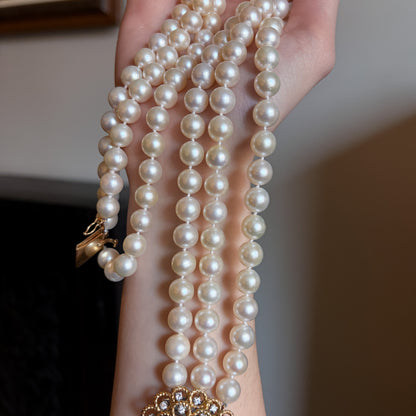 Estate Triple Strand Pearl Necklace with 18kt Gold with 19 Diamond Clasp