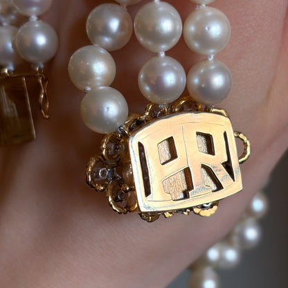 Estate Triple Strand Pearl Necklace with 18kt Gold with 19 Diamond Clasp
