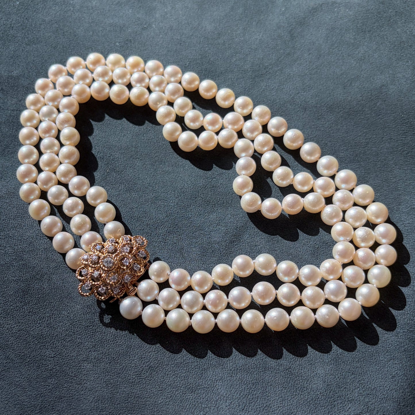 Estate Triple Strand Pearl Necklace with 18kt Gold with 19 Diamond Clasp