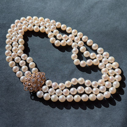 Estate Triple Strand Pearl Necklace with 18kt Gold with 19 Diamond Clasp