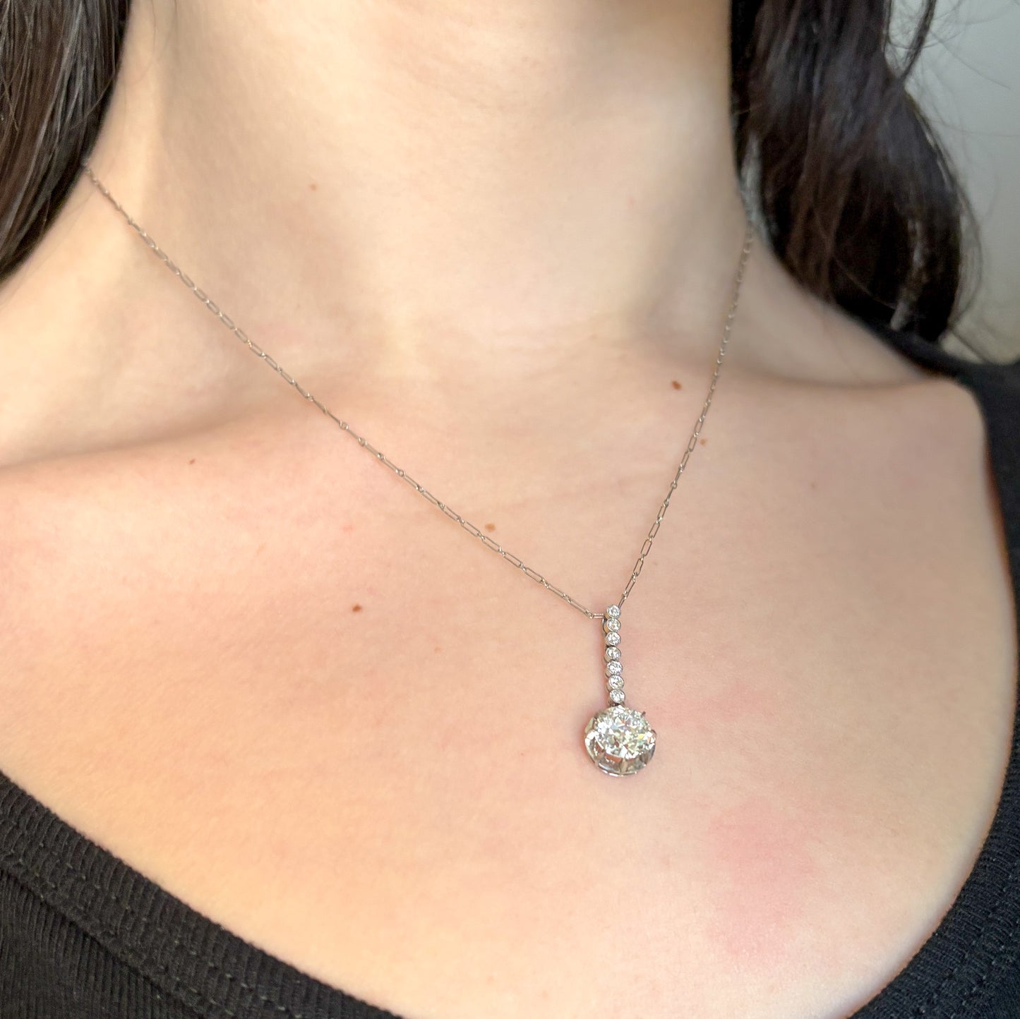 Estate Diamond Drop Platinum Pendant Necklace