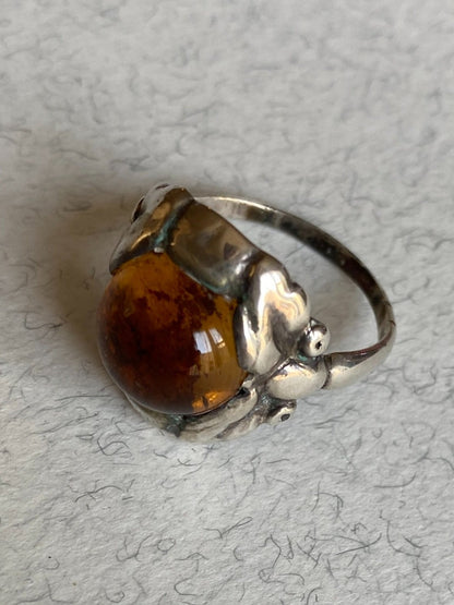 Estate Georg Jensen Early Sterling Silver Ring with Amber Design No 11A