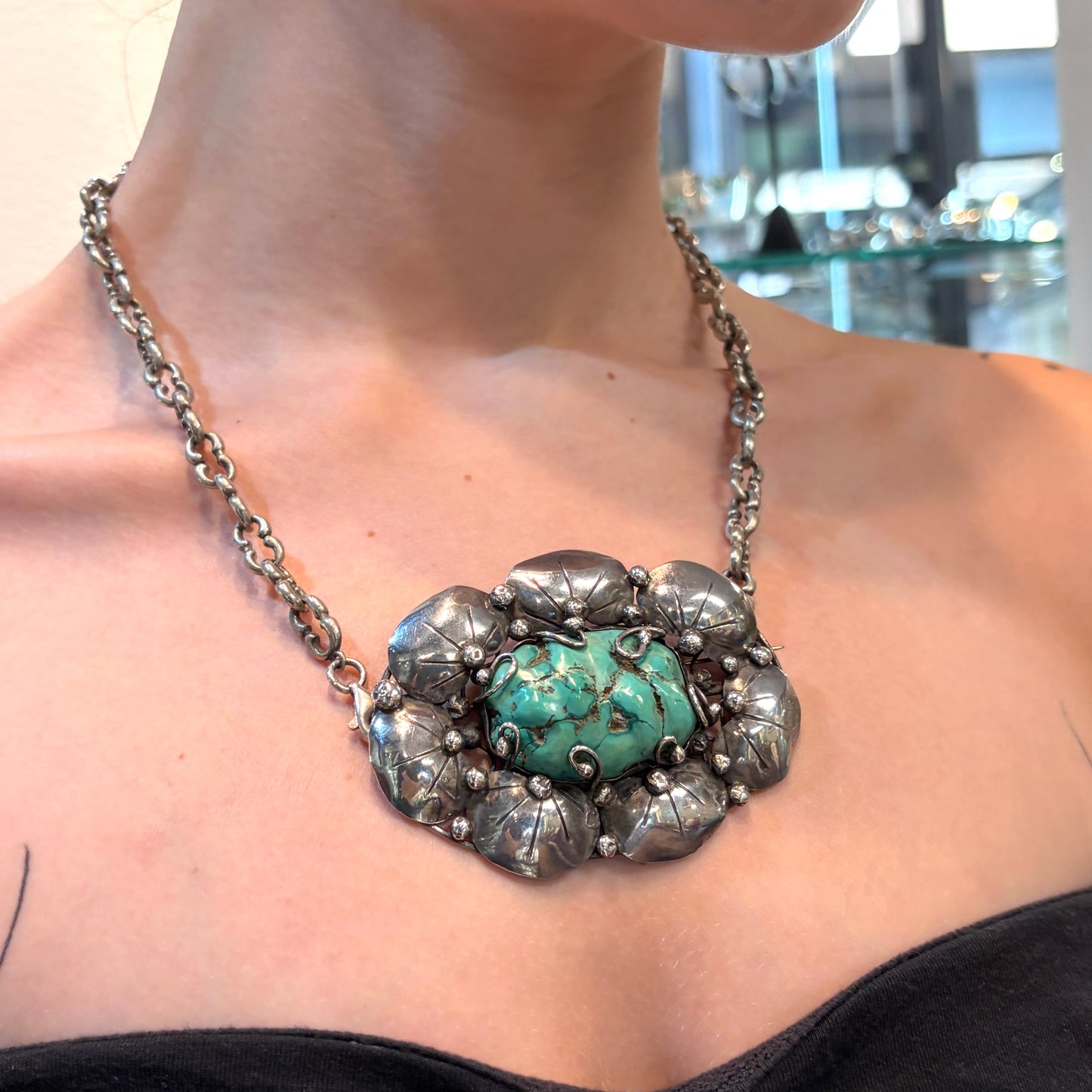 Estate Sterling Silver Large Brooch with Turquoise by Mary Gage