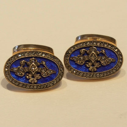 Estate Russian 14K Rose Gold and Enamel Guilloché Cufflinks in the Style of Fabergé