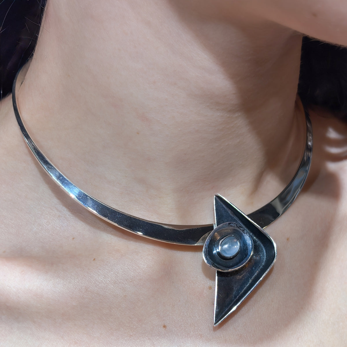 Estate Sterling Silver Ed Weiner Geometric Brooch with Moonstone