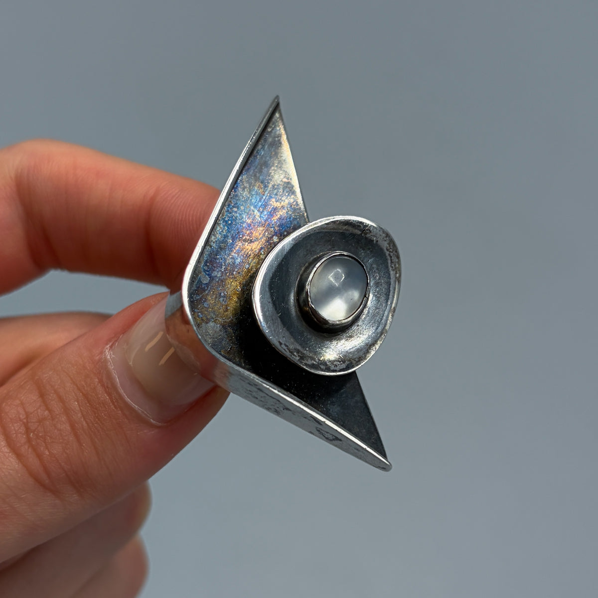 Estate Sterling Silver Ed Weiner Geometric Brooch with Moonstone