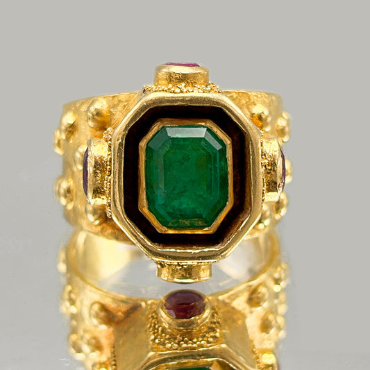 Estate Ed Wiener 18K Gold Ring with Octagonal Emerald and Rubies