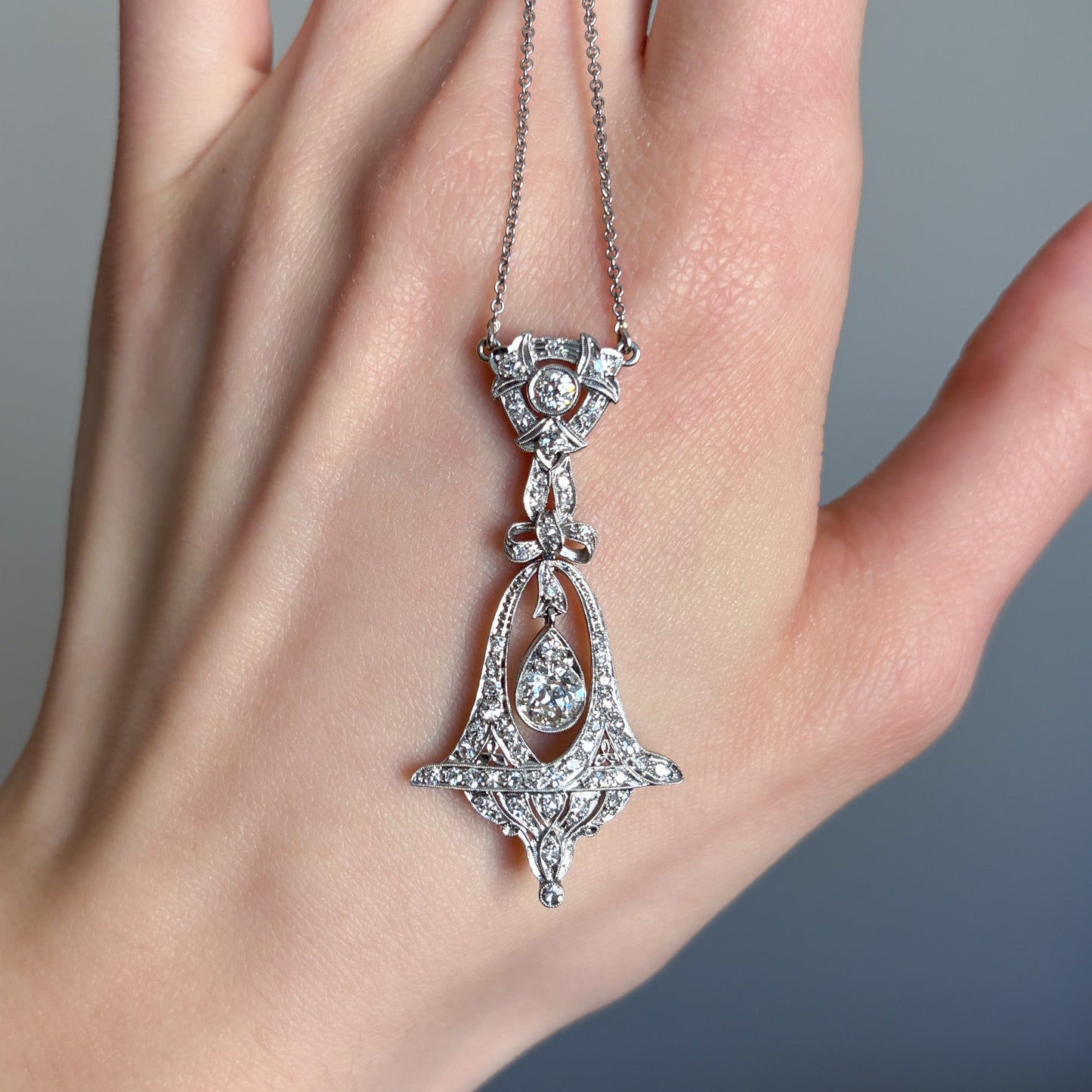 Estate Edwardian Diamond Platinum Pendant Necklace