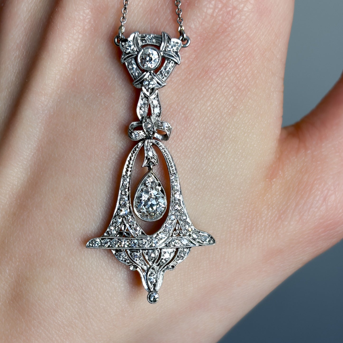 Estate Edwardian Diamond Platinum Pendant Necklace