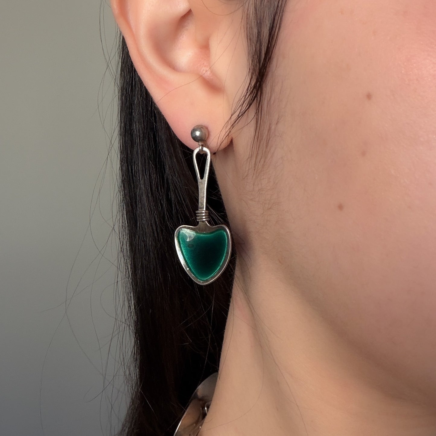Estate Sterling Silver Green Enamel Earrings Screwback by Atelier Borgilia