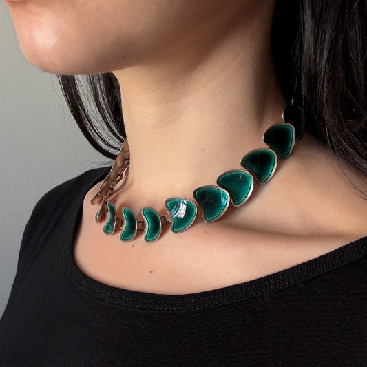 Estate Sterling Silver Green Enamel Necklace by Atelier Borgilia