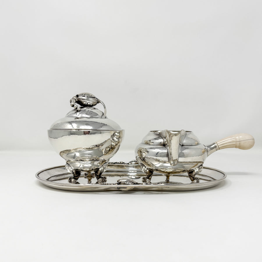 Estate Georg Jensen Sterling Silver “Blossom” Creamer and Sugar Bowl No. 2D on Tray No. 2P
