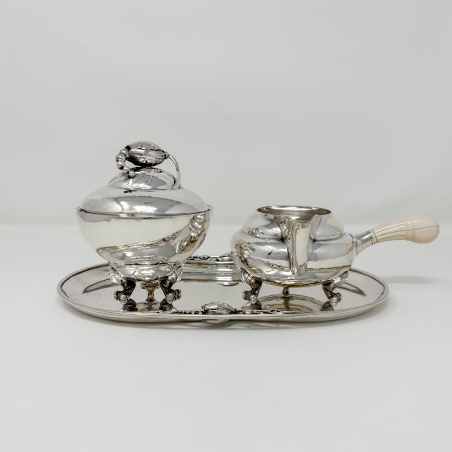 Estate Georg Jensen Sterling Silver “Blossom” Creamer and Sugar Bowl No. 2D on Tray No. 2P
