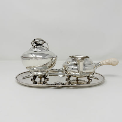 Estate Georg Jensen Sterling Silver “Blossom” Creamer and Sugar Bowl No. 2D on Tray No. 2P