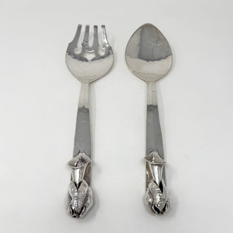 Estate Lona P. Schaeffer Sterling Silver Large Serving Fork and Spoon Set with Leaf Handle