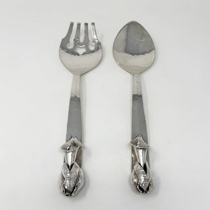 Estate Lona P. Schaeffer Sterling Silver Large Serving Fork and Spoon Set with Leaf Handle