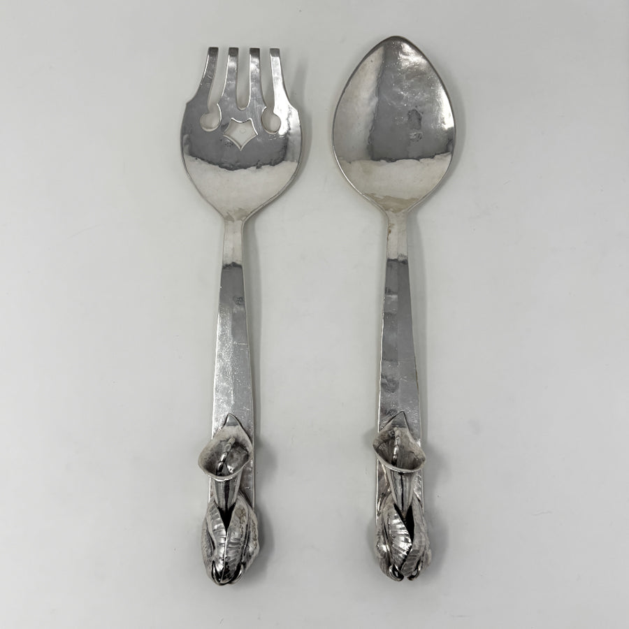 Estate Lona P. Schaeffer Sterling Silver Large Serving Fork and Spoon Set with Leaf Handle