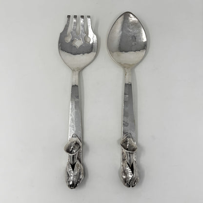 Estate Lona P. Schaeffer Sterling Silver Large Serving Fork and Spoon Set with Leaf Handle