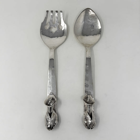 Estate Lona P. Schaeffer Sterling Silver Large Serving Fork and Spoon Set with Leaf Handle