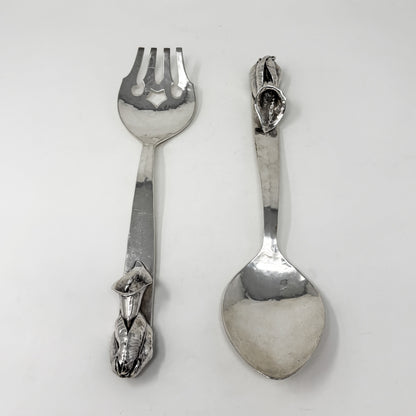 Estate Lona P. Schaeffer Sterling Silver Large Serving Fork and Spoon Set with Leaf Handle