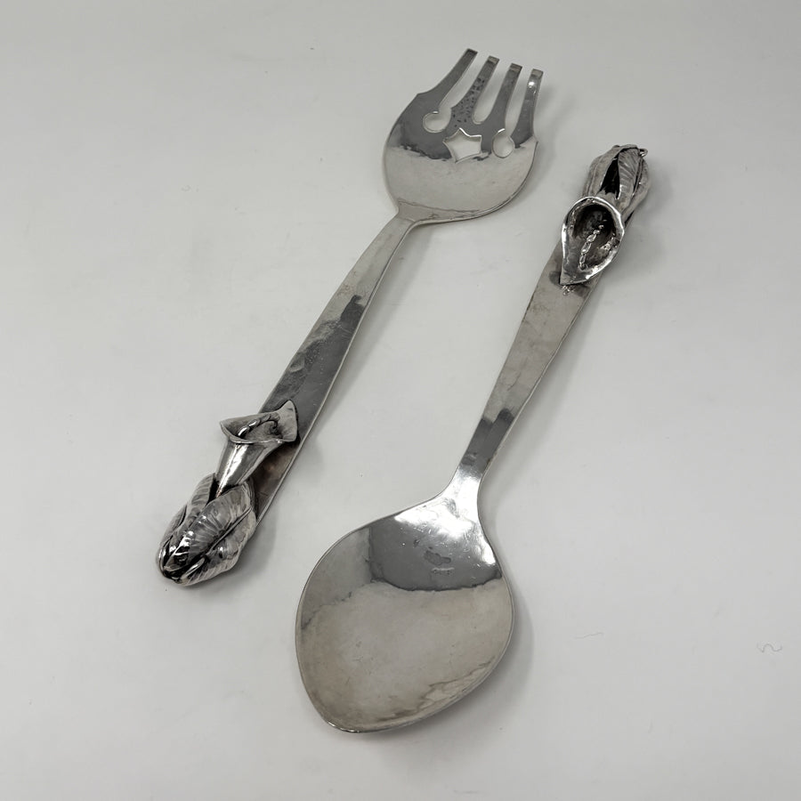 Estate Lona P. Schaeffer Sterling Silver Large Serving Fork and Spoon Set with Leaf Handle