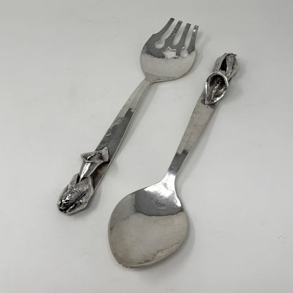 Estate Lona P. Schaeffer Sterling Silver Large Serving Fork and Spoon Set with Leaf Handle