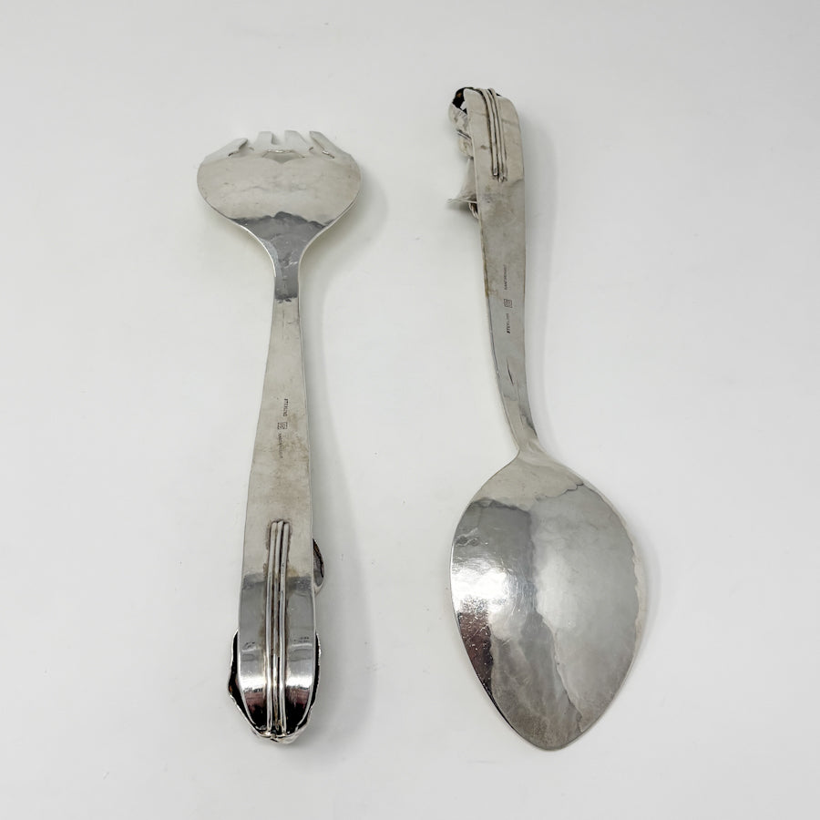 Estate Lona P. Schaeffer Sterling Silver Large Serving Fork and Spoon Set with Leaf Handle