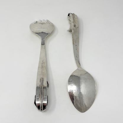 Estate Lona P. Schaeffer Sterling Silver Large Serving Fork and Spoon Set with Leaf Handle