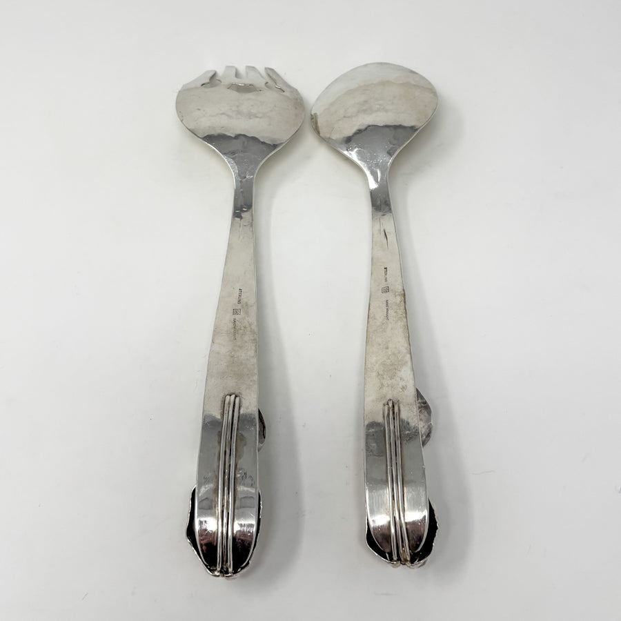 Estate Lona P. Schaeffer Sterling Silver Large Serving Fork and Spoon Set with Leaf Handle