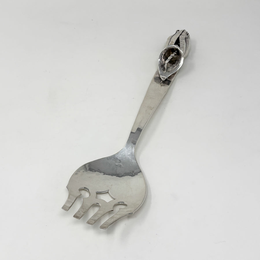 Estate Lona P. Schaeffer Sterling Silver Large Serving Fork and Spoon Set with Leaf Handle