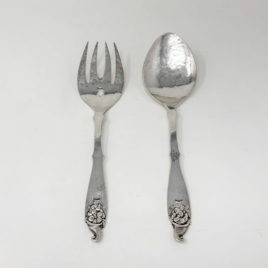 Estate Peer Smed Handwrought Sterling Silver Salad Fork & Spoon Set "Cornucopia" (2)