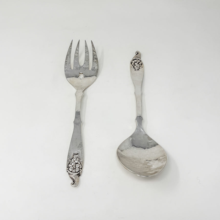 Estate Peer Smed Handwrought Sterling Silver Salad Fork & Spoon Set "Cornucopia" (2)