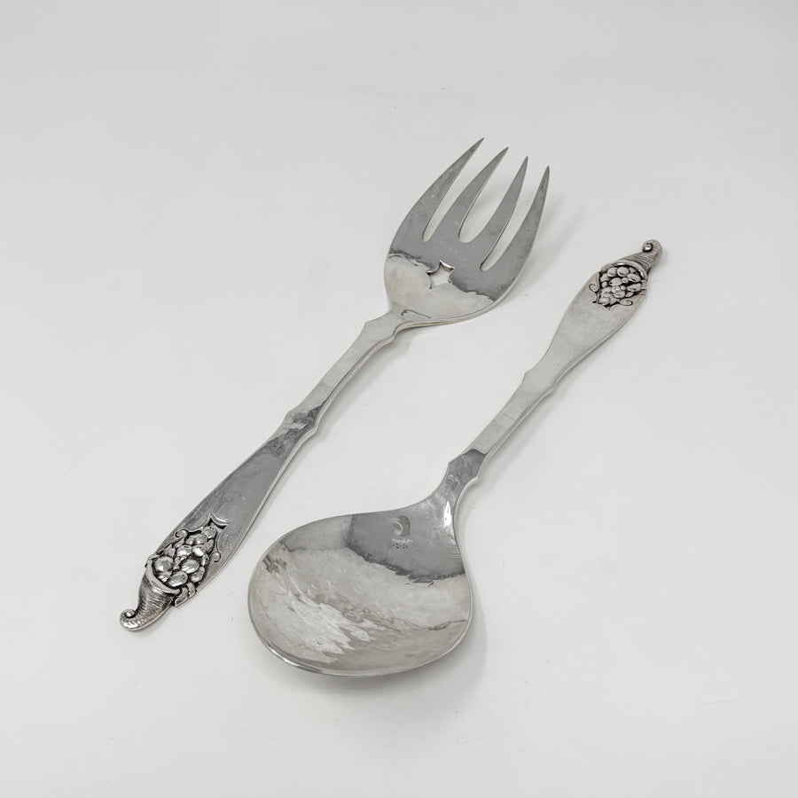 Estate Peer Smed Handwrought Sterling Silver Salad Fork & Spoon Set "Cornucopia" (2)