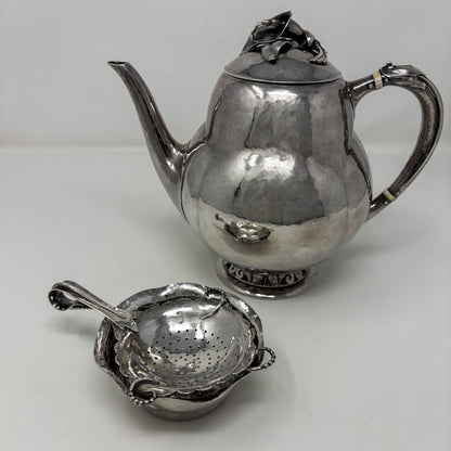 Estate Peer Smed Handwrought Sterling Silver Tea Strainer with Circular Cut-Out Design on Stand