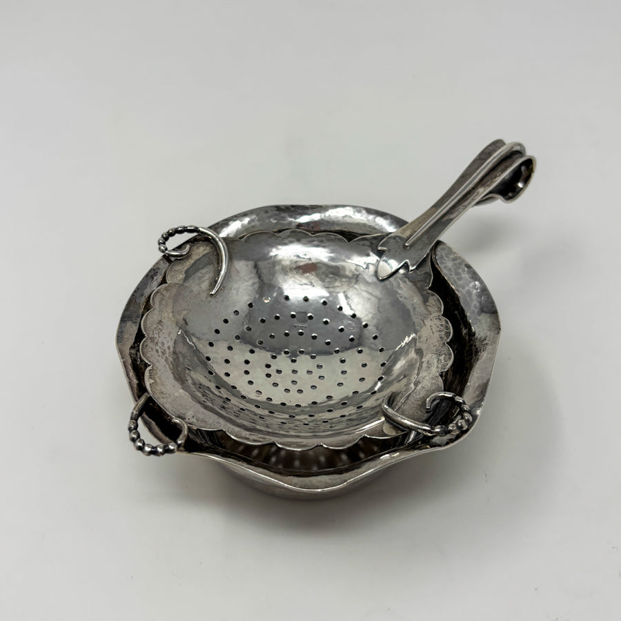 Estate Peer Smed Handwrought Sterling Silver Tea Strainer with Circular Cut-Out Design on Stand