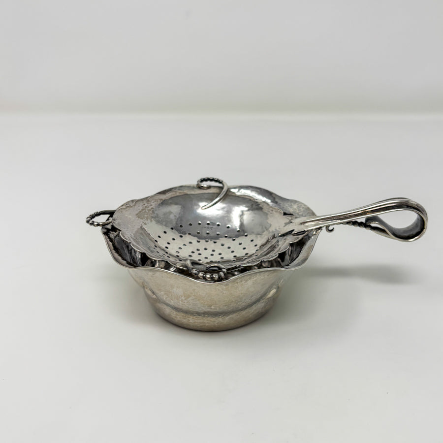 Estate Peer Smed Handwrought Sterling Silver Tea Strainer with Circular Cut-Out Design on Stand